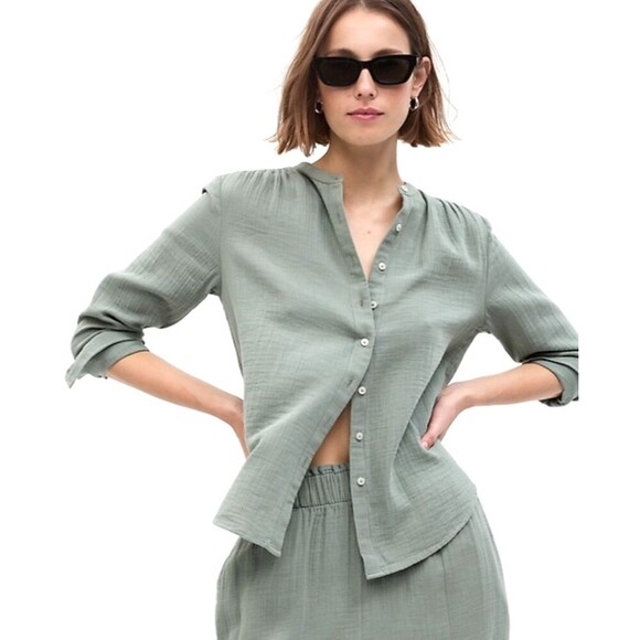 GAP Women Crinkle Gauze Cotton Long Sleeve Button Up Blouse L Sage Green 1043E4 - Picture 1 of 10
